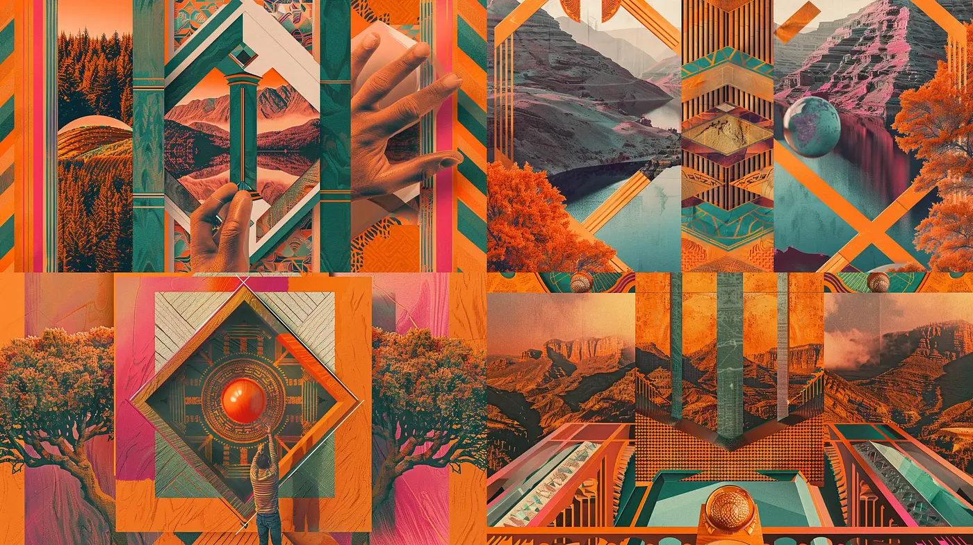 Retrofuturistic Synthesis: A Tapestry of Warm Tones and Geometric Impressions - Midjourney sref style