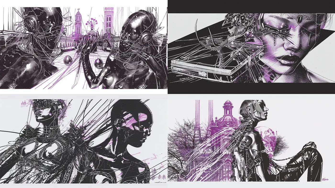 Futuristic cybernetic aesthetics with a blend of dark and vibrant elements - Midjourney sref style