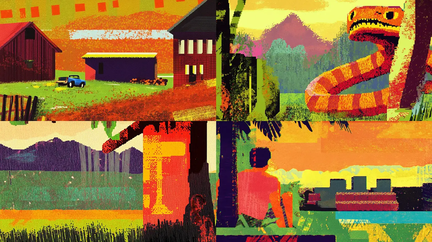 Saturated Hues in Stylized Landscape Mosaics - Midjourney sref style