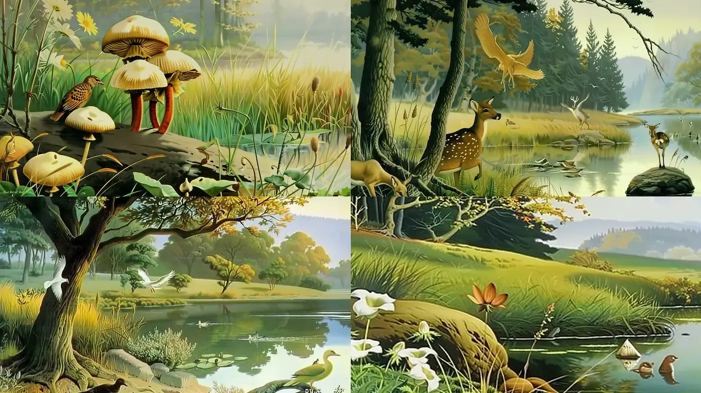 Serene and Detailed Depictions of Nature in a Rich, Textured Style - Midjourney sref style