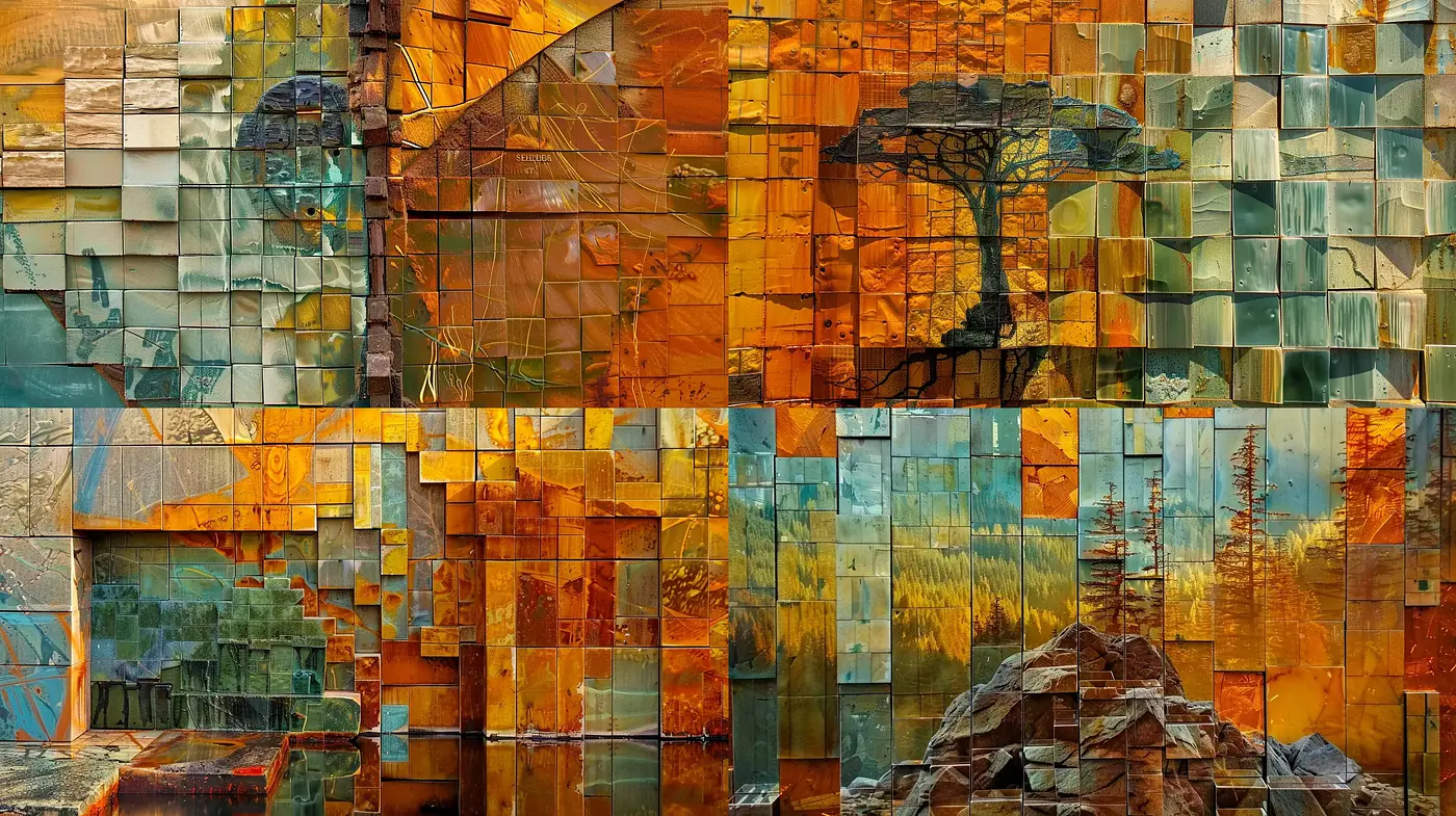 Abstracted Natural Landscapes in Mosaic Cubism - Midjourney sref style