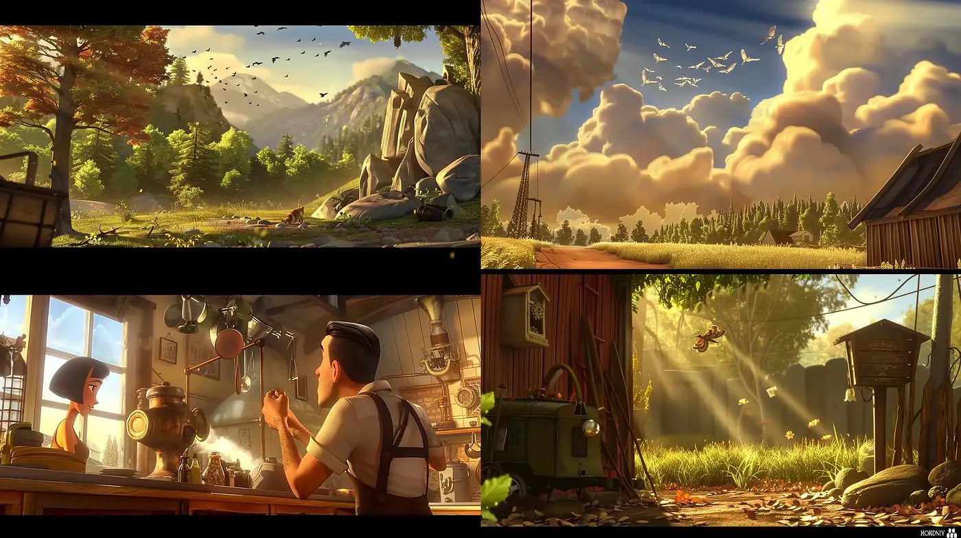 Warm Hues of Storybook Tranquility: A Consistent Artistic Vision Across Imagined Landscapes - Midjourney sref style
