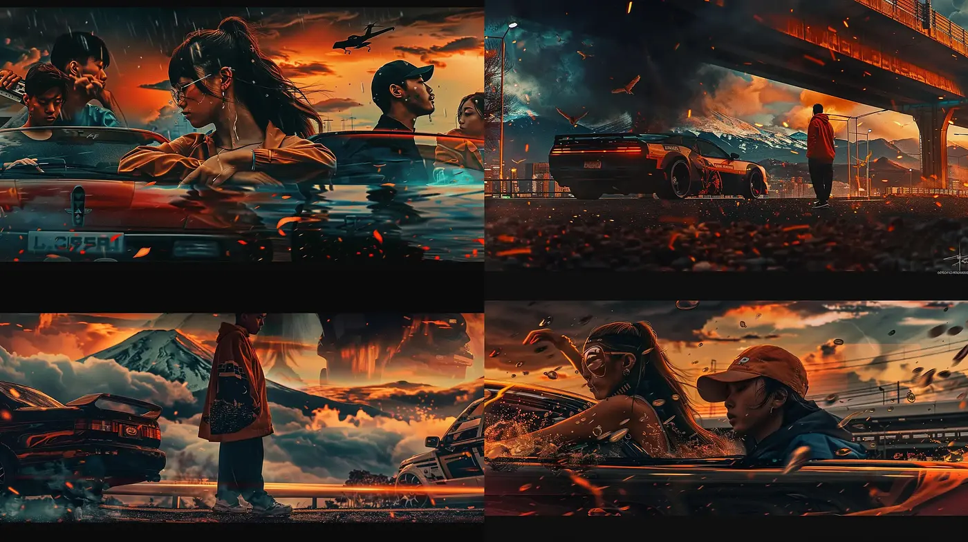 Dystopian Sunset Dreamscape with Reflective Surfaces and Cinematic Flair - Midjourney sref style