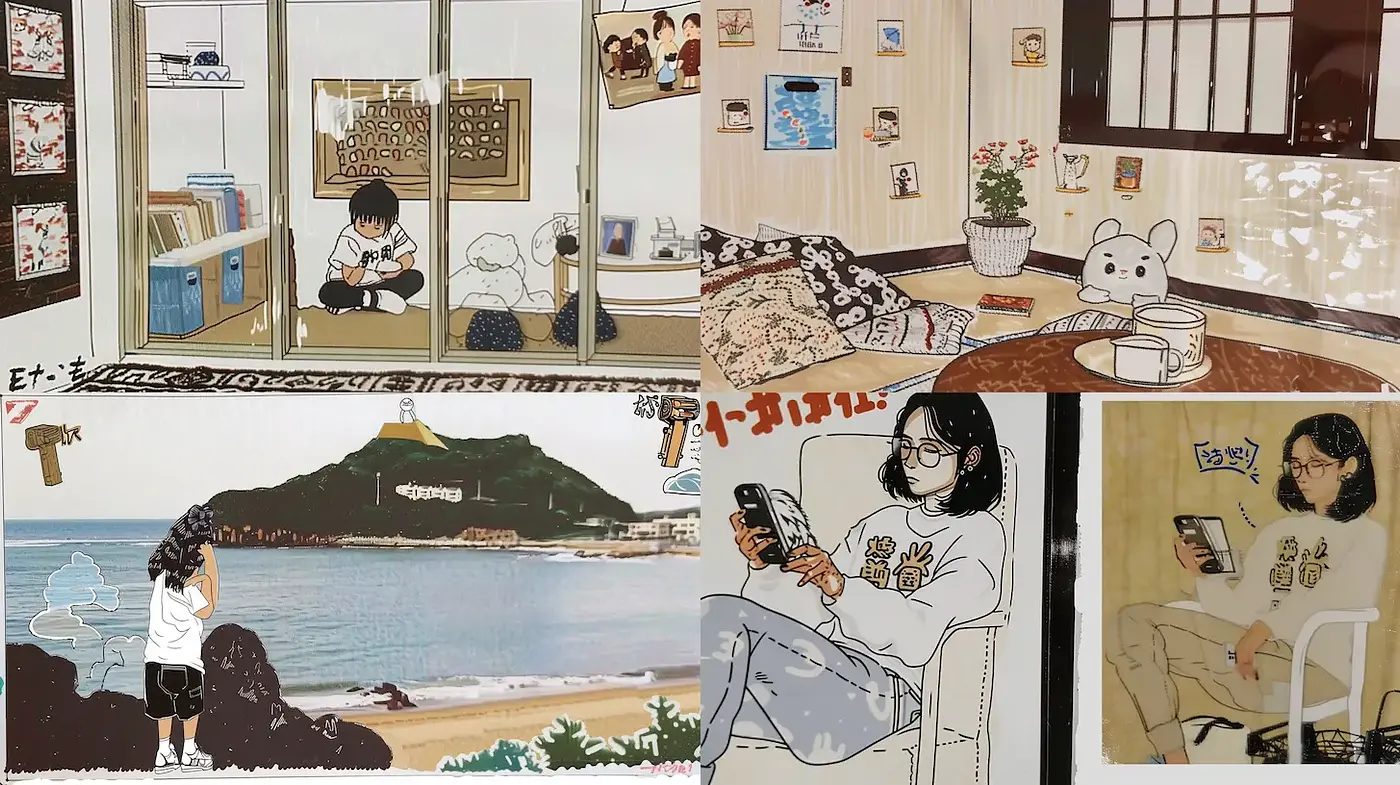 Contemporary illustration with nostalgic and playful themes in soft palettes - Midjourney sref style