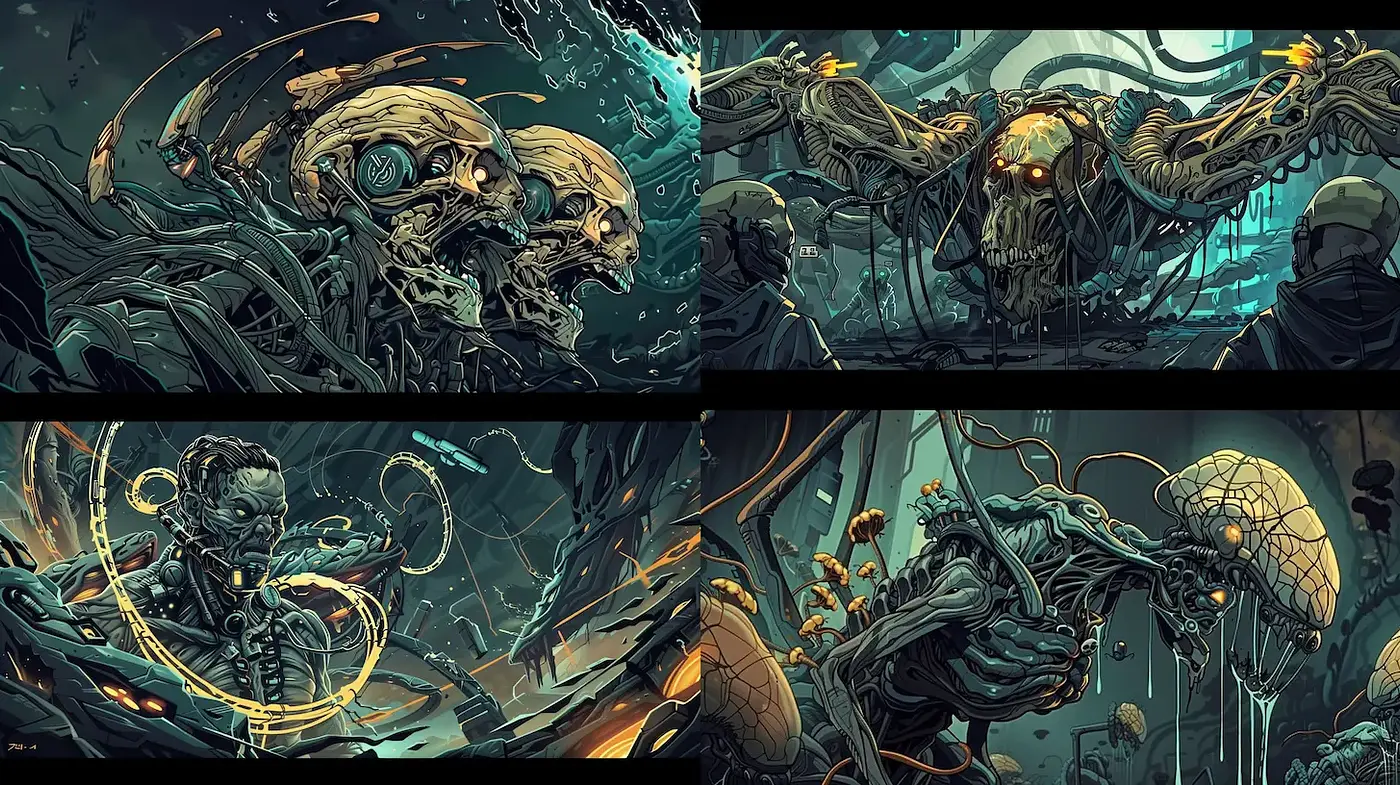 Intricate and darkly surreal cybernetic artistry with strong sci-fi elements - Midjourney sref style