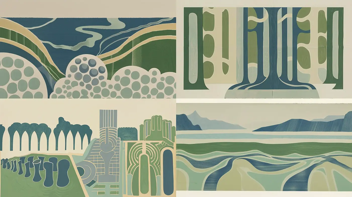 Serenity in Repetitive Patterns: A Harmonious Blend of Art Deco and Modernist Landscape Interpretations - Midjourney sref style