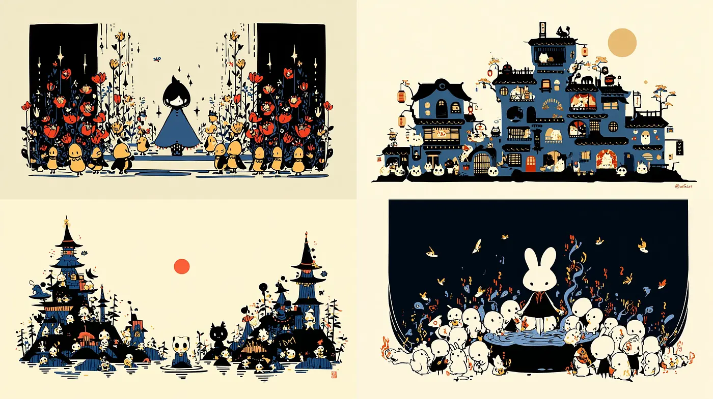 Charming and whimsical illustrations with a cohesive artistic flair - Midjourney sref style