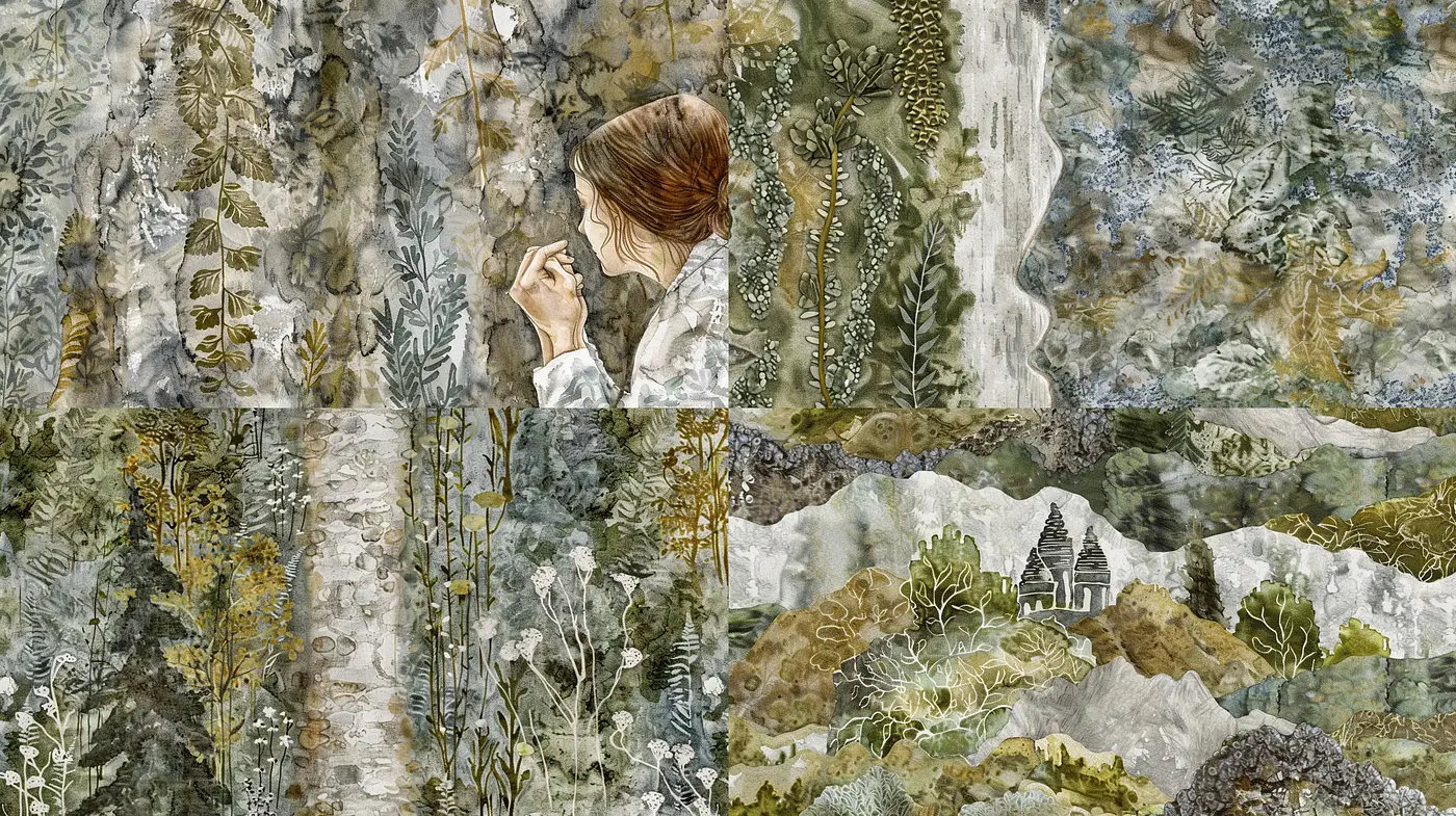 Ethereal Botanical Dreamscape with Earthy Tones and Watercolor Textures - Midjourney sref style