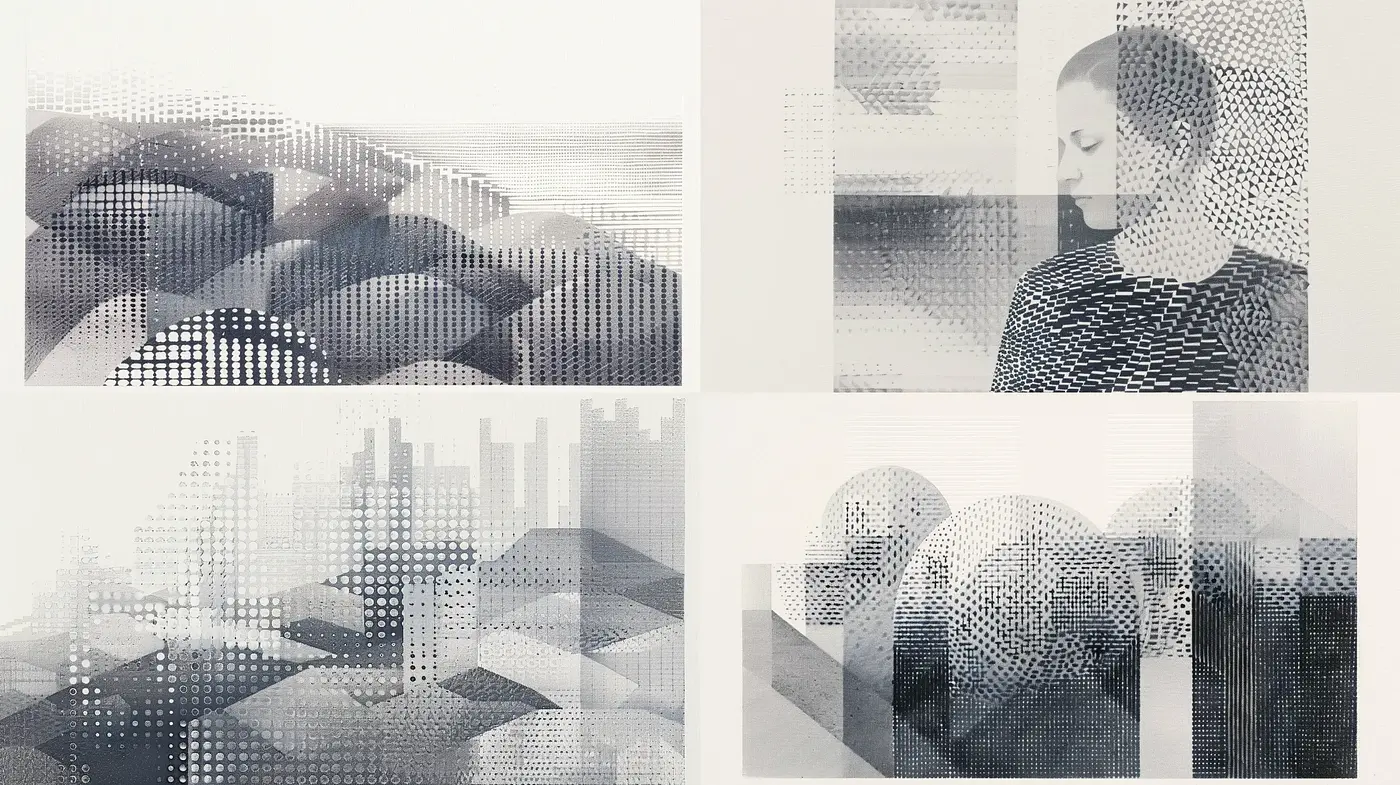 Monochromatic Halftone Landscape and Portraiture Fusion - Midjourney sref style