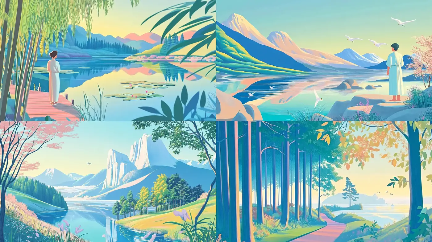 Serene Pastel Panoramas: A Homage to Tranquil Nature and Mid-Century Art - Midjourney sref style