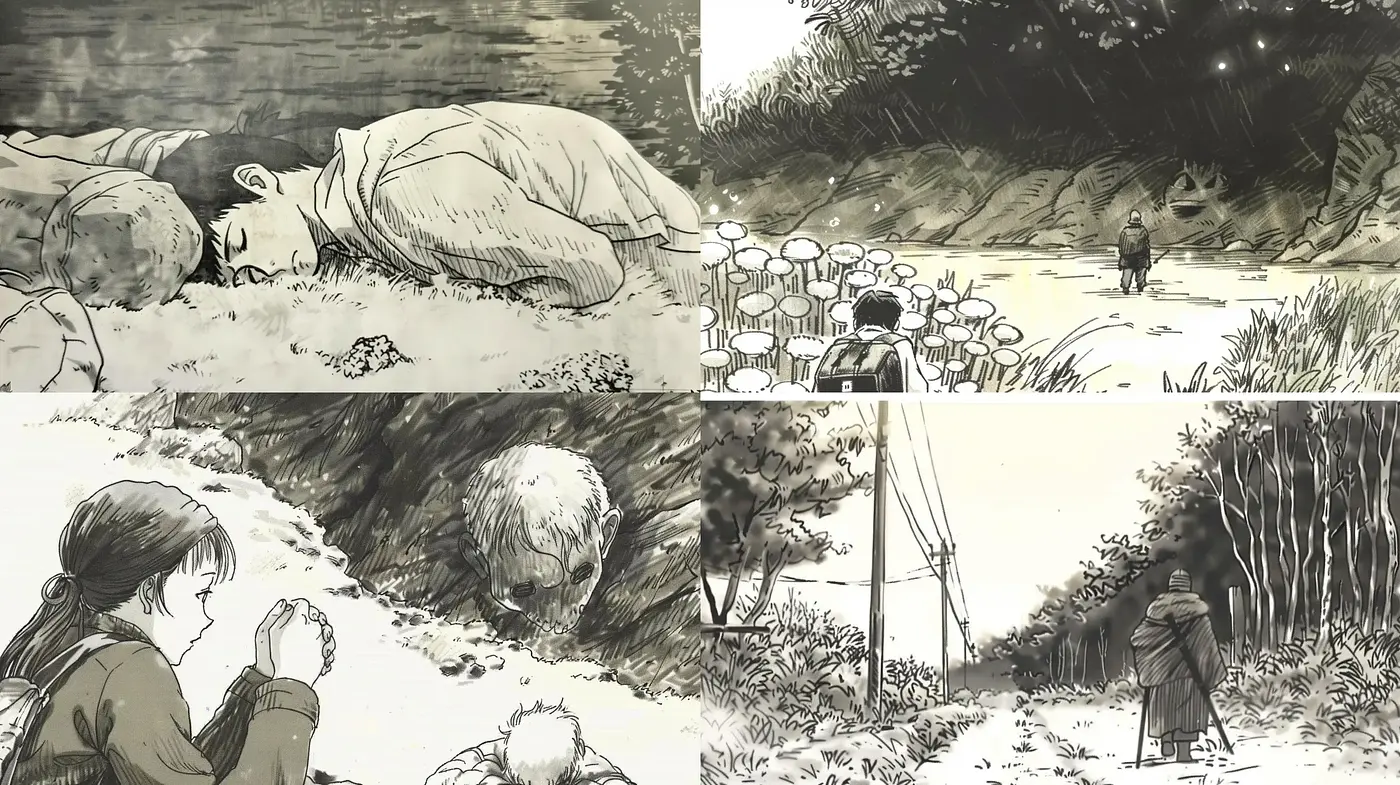 Monochrome Essence of Serene Countryside in Ink Wash Techniques - Midjourney sref style