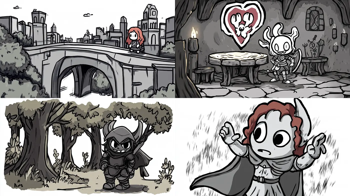 Charming monochromatic cartoon style with whimsical elements - Midjourney sref style