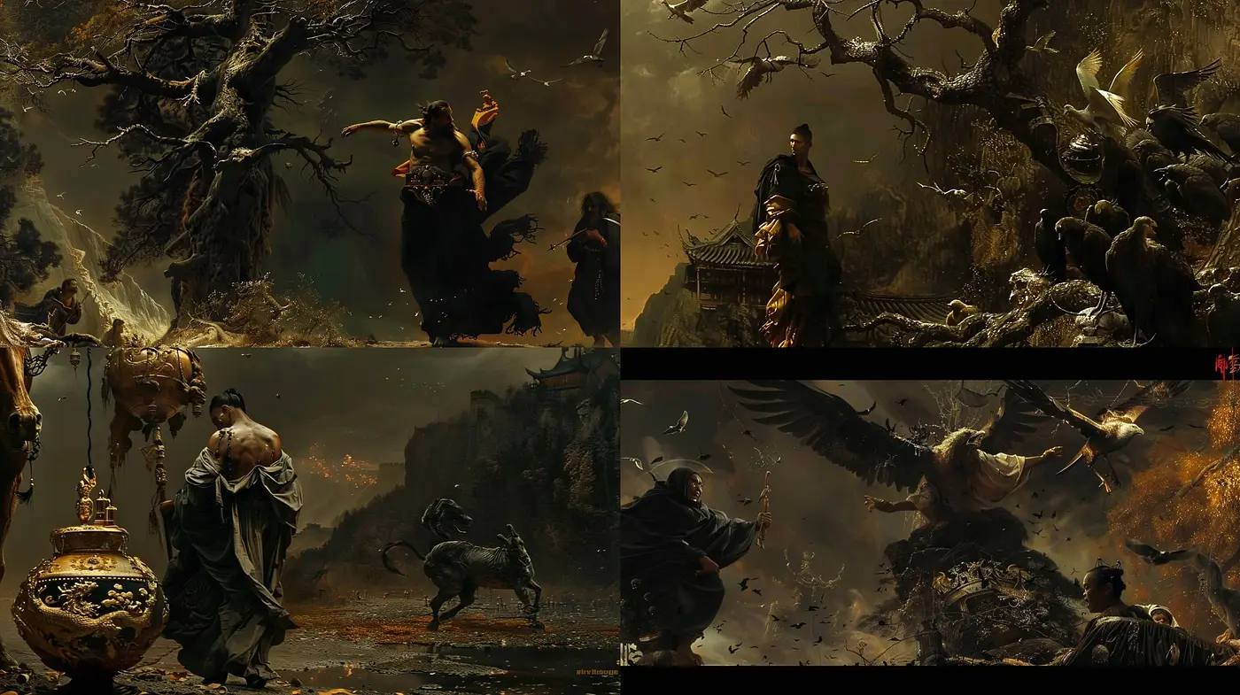 Ethereal Dark Fantasy Panorama: A Stylistic Synthesis of Shadowy Elegance and Mythical Ambiance - Midjourney sref style