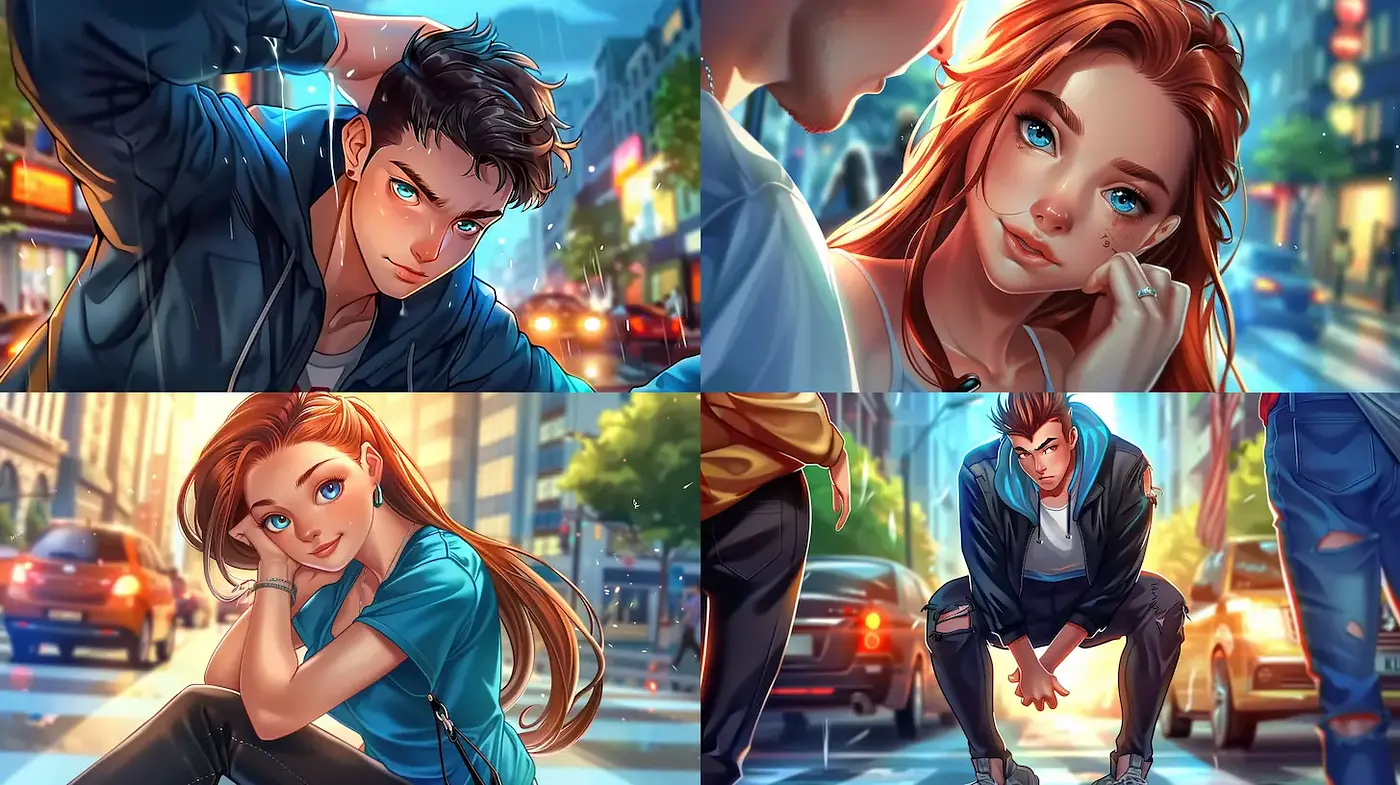 Dynamic and expressive urban character illustrations reflecting modern aesthetics - Midjourney sref style