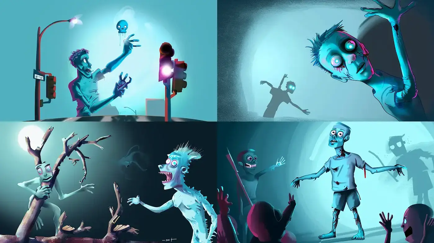 Eerie and Whimsical Zombie Illustration with Playful Digital Aesthetic - Midjourney sref style