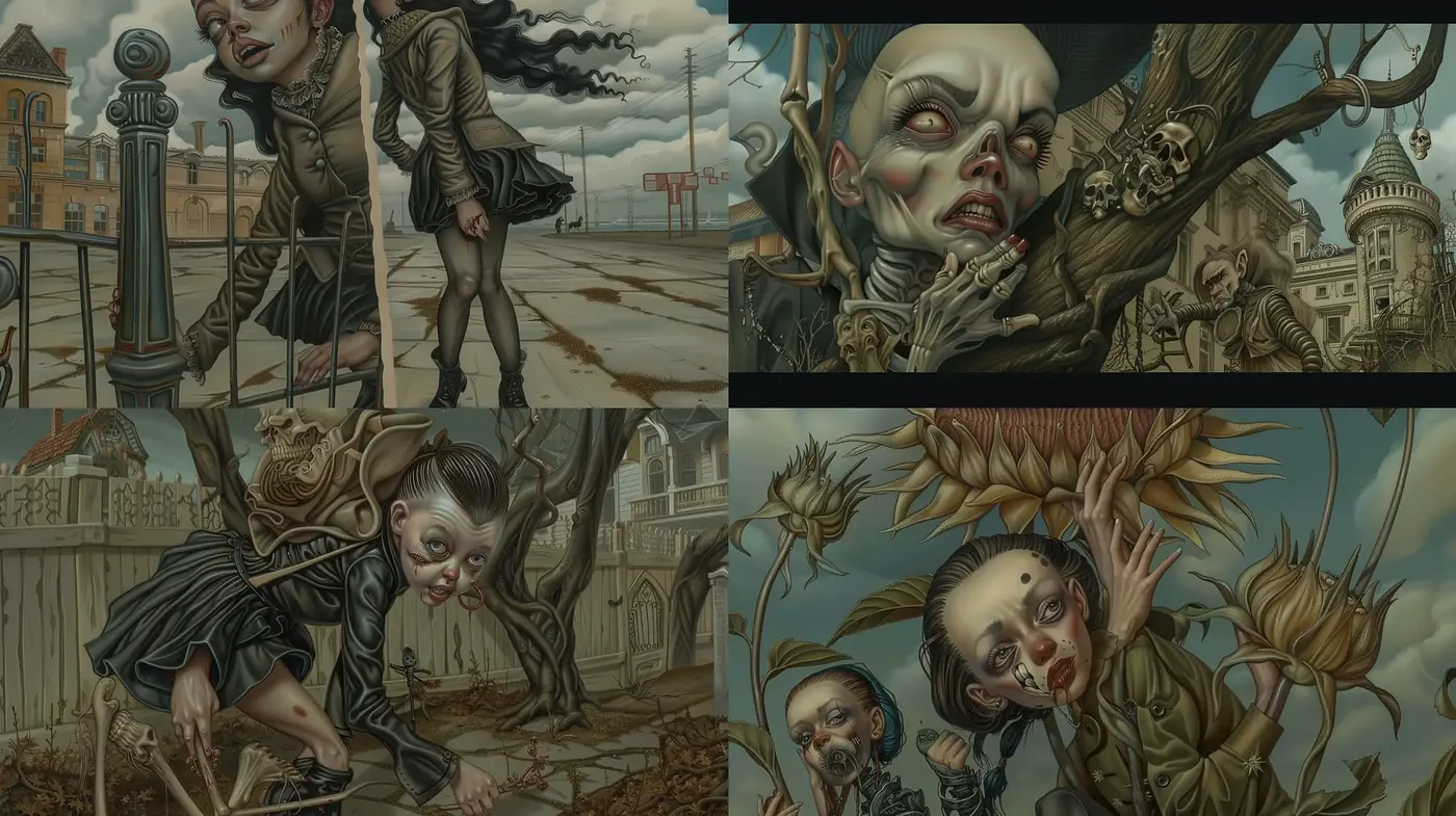 Elegiac Gothic Fantasies: A Darkly Surreal Tableau with Macabre Undertones - Midjourney sref style