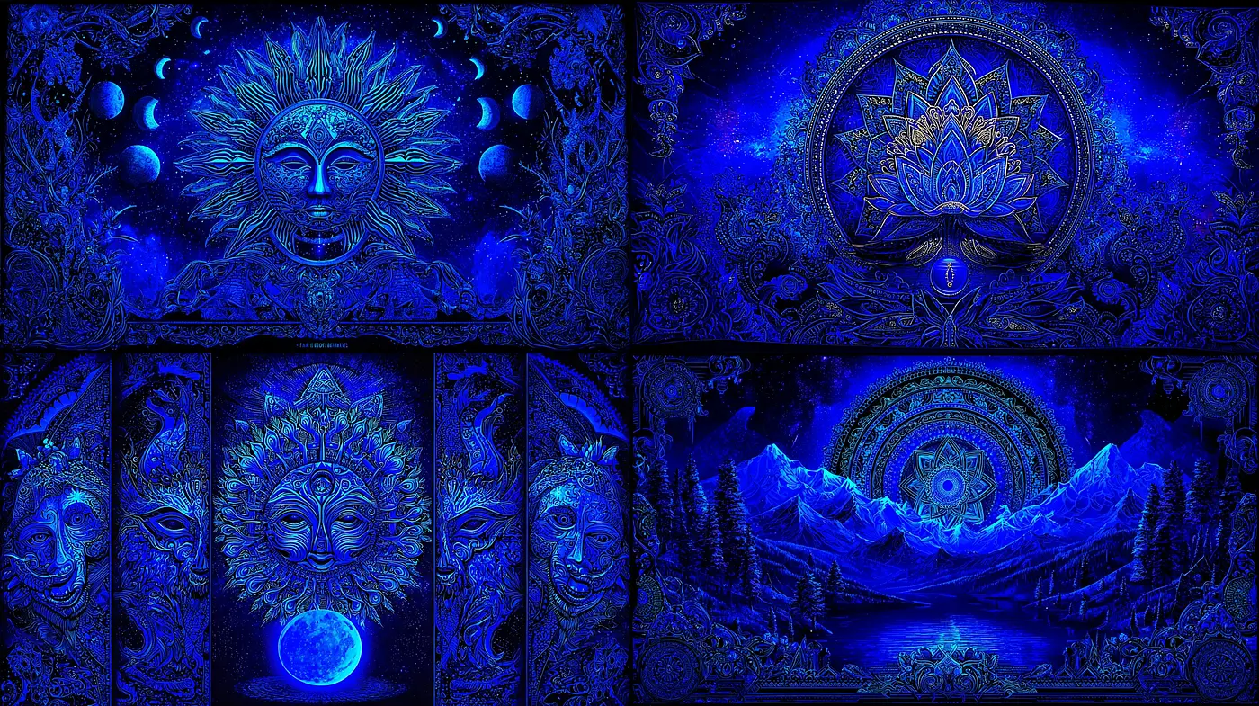 Intricate celestial-themed artworks with a deep blue cosmic essence - Midjourney sref style