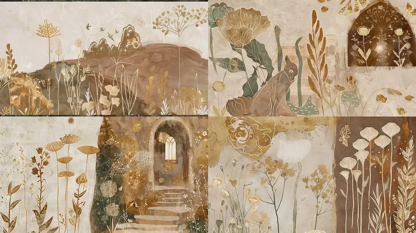 Whimsical botanical landscapes with an earthy tone - Midjourney sref style