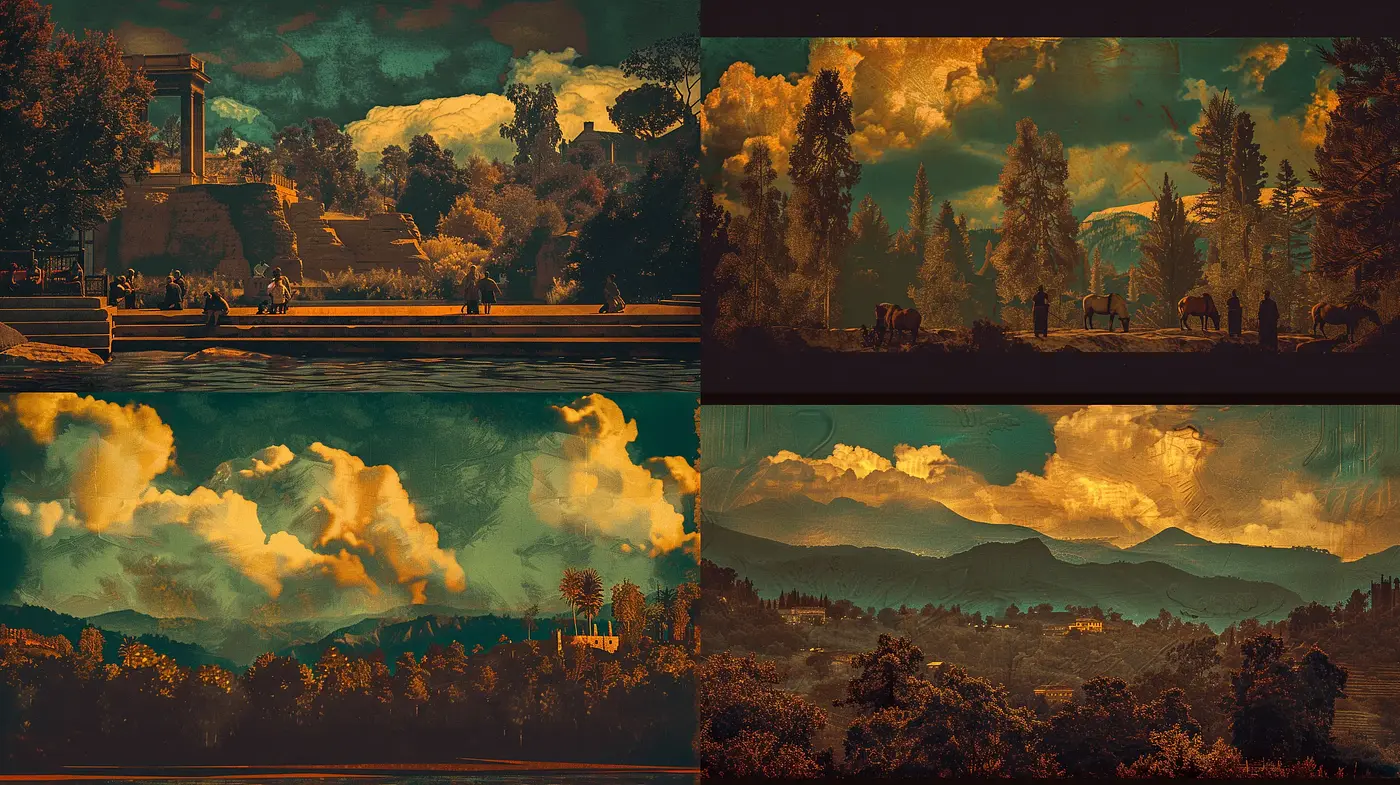 Panoramic Twilight Hues: A Harmonious Blend of Retrospective Landscapes and Luminous Skies - Midjourney sref style