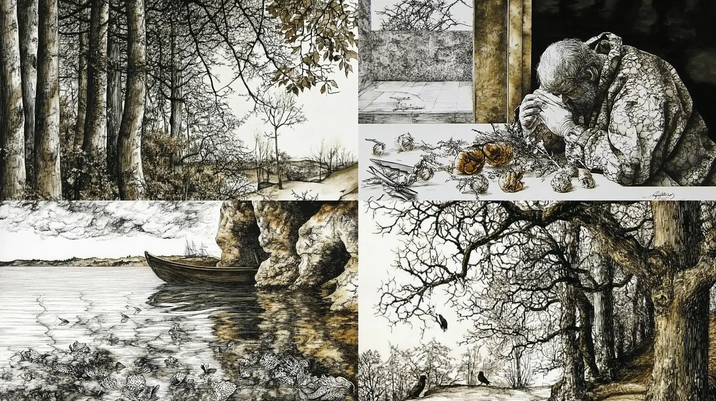 Intricate Sepia Tone Illustrations Blending Naturalism with Poetic Imagery - Midjourney sref style