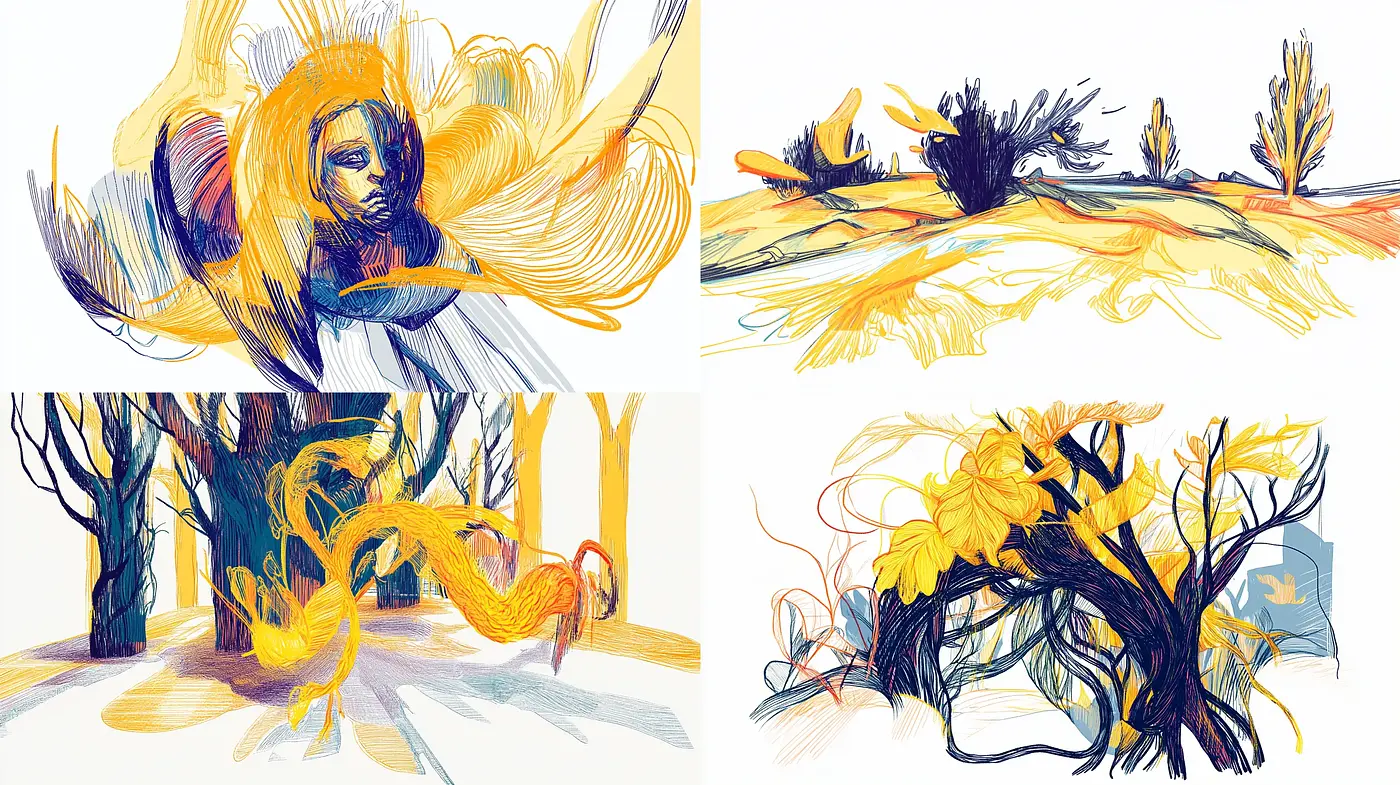 Dynamic Sketches in Goldenrod and Ultramarine: A Fusion of Linear Movement and Organic Forms - Midjourney sref style