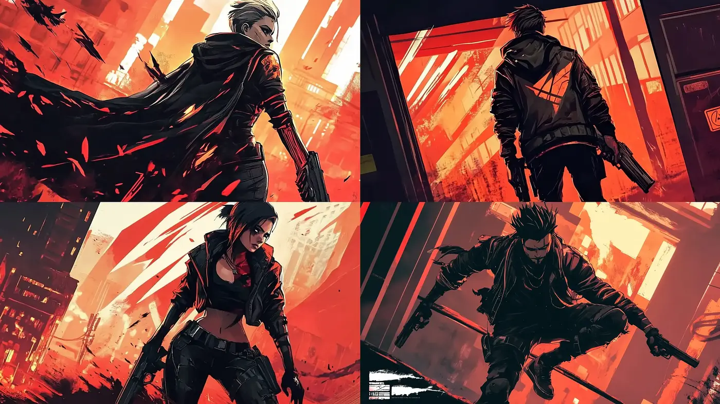 Dynamic Crimson Shadows with a Graphic Novel Flair - Midjourney sref style