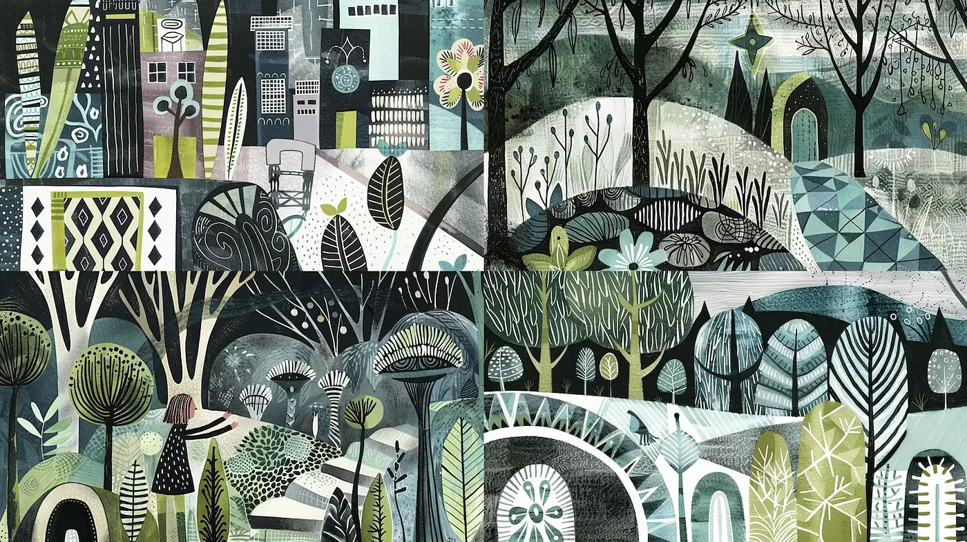 Stylized Forest and Urban Landscapes with a Retro Aesthetic - Midjourney sref style