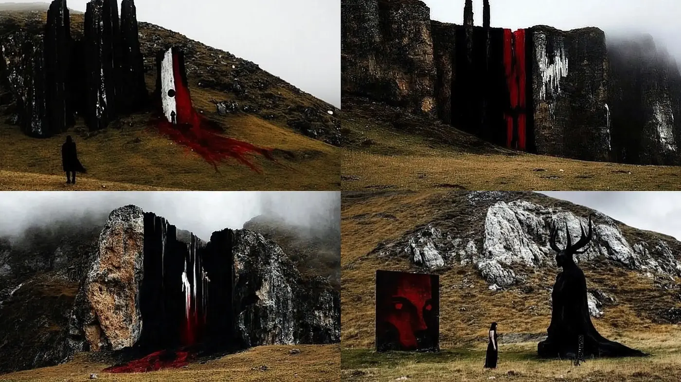 Darkly Surreal Landscapes with Striking Red Accents - Midjourney sref style