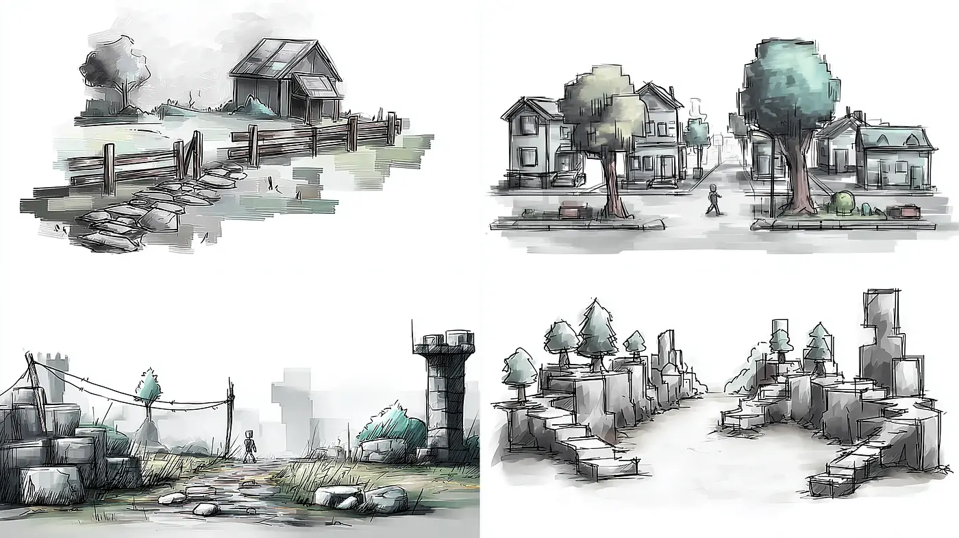 Subtle Illustrative Style with Urban and Rural Themes - Midjourney sref style