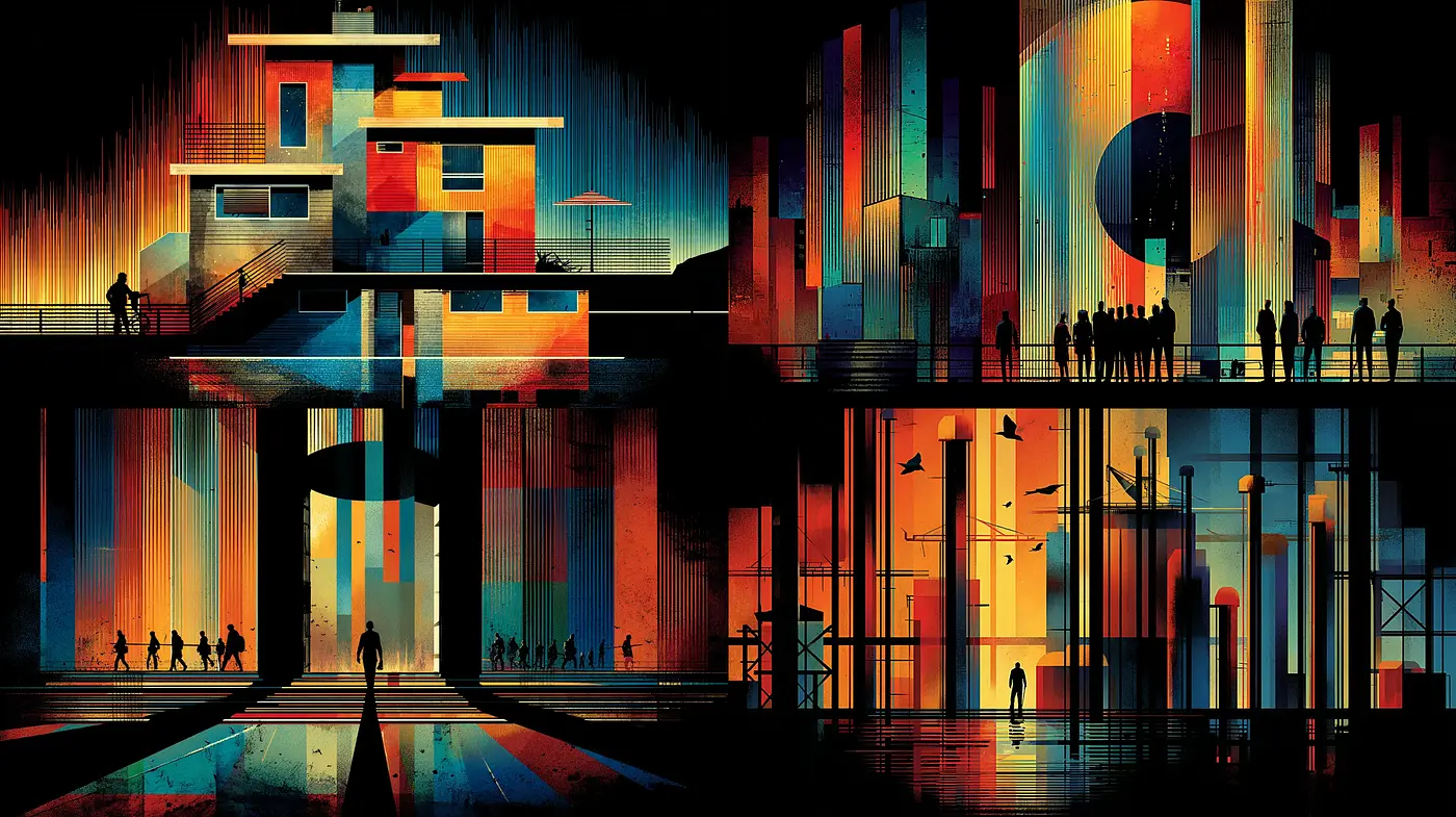 Vibrant Geometric Urban Dystopia with Retro Futurism - Midjourney sref style