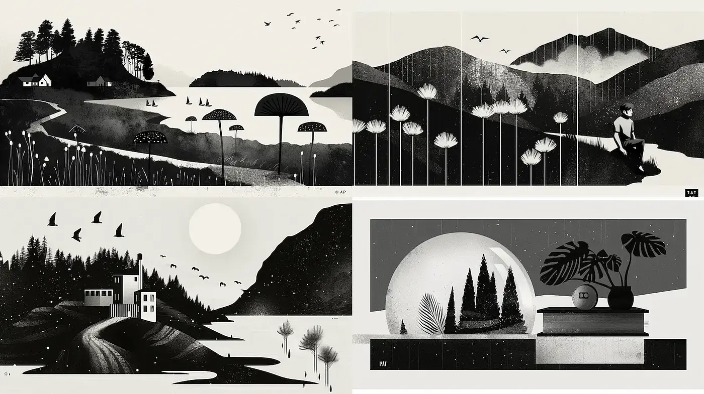 Monochrome Landscape Harmony with a Surrealist Touch - Midjourney sref style