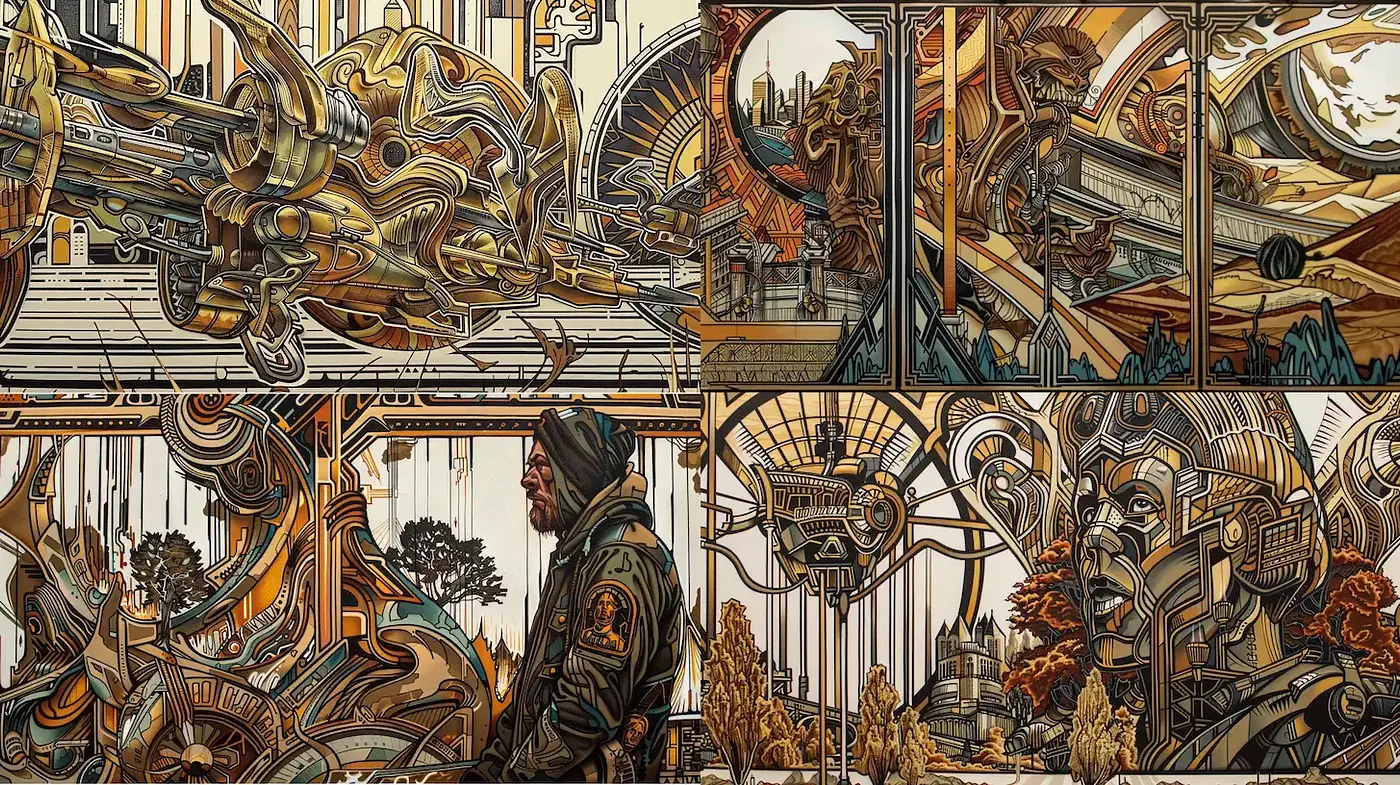 Futuristic steampunk mural with intricate designs and a cohesive theme - Midjourney sref style