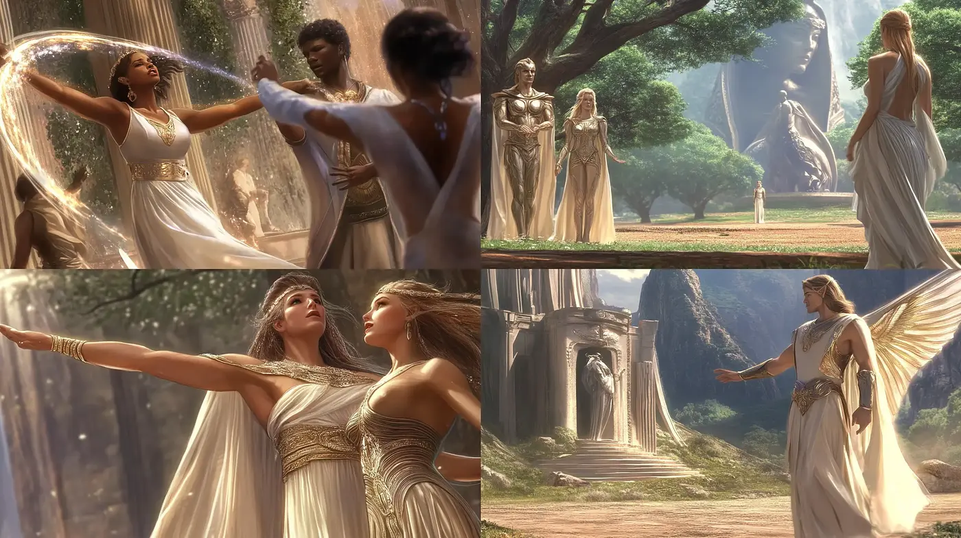 Ethereal Mythological Elegance in Sunlit Pastoral Vistas - Midjourney sref style