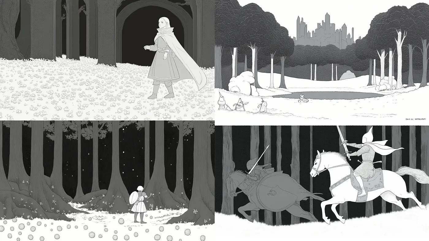 Monochromatic Enchantment: A Homage to Traditional Fairy Tale Illustration - Midjourney sref style