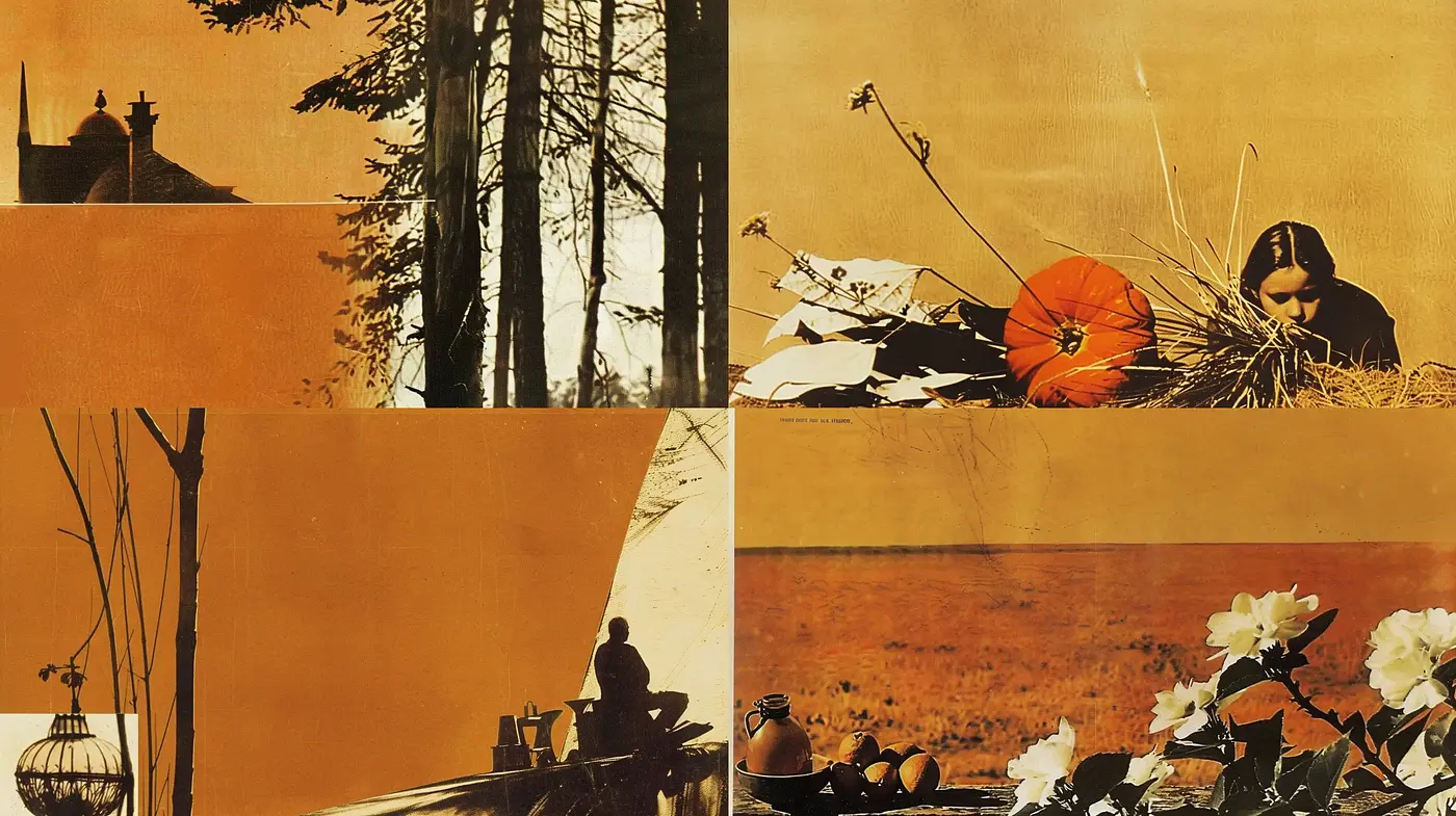 Autumnal Sepia Tones in Nostalgic Collage Narratives - Midjourney sref style