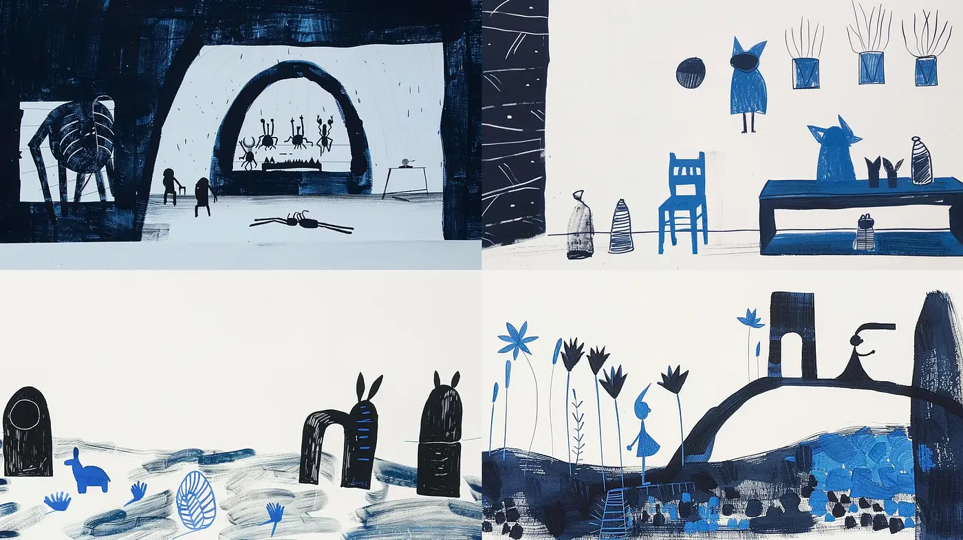 Monochromatic Whimsy with Surreal Storybook Echoes - Midjourney sref style