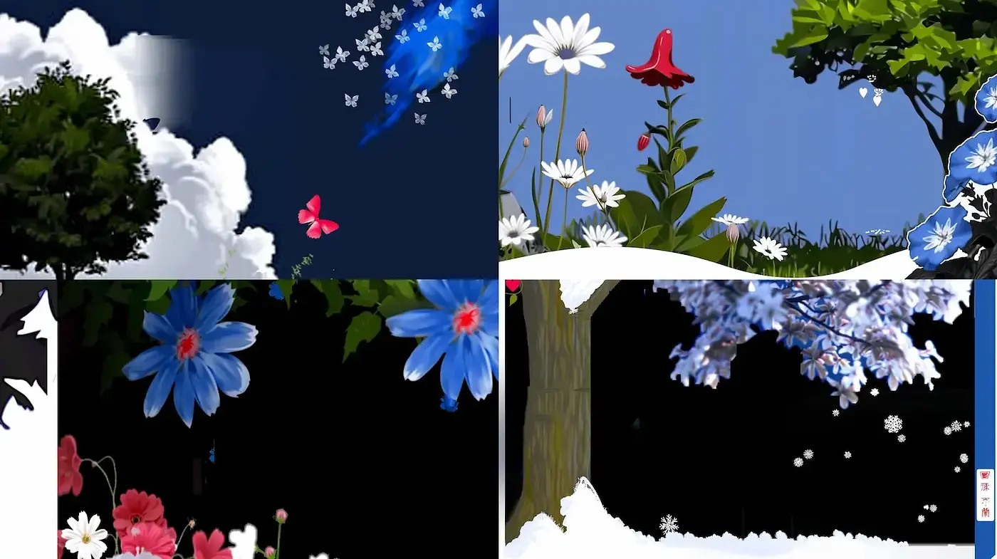Whimsical and Vibrant Nature Scenes with Consistent Floral Elements - Midjourney sref style