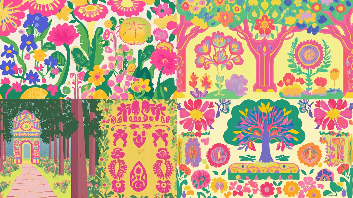 Enchanted Garden of Folk Artistry: A Fantastical Fusion of Patterns and Vibrancy - Midjourney sref style
