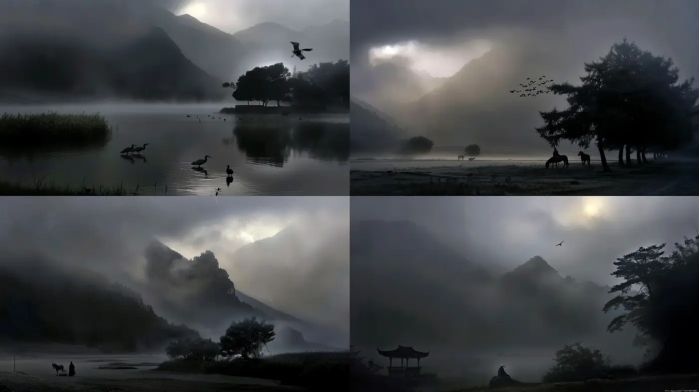 Ethereal Mist-Shrouded Landscapes with a Monochromatic Essence - Midjourney sref style