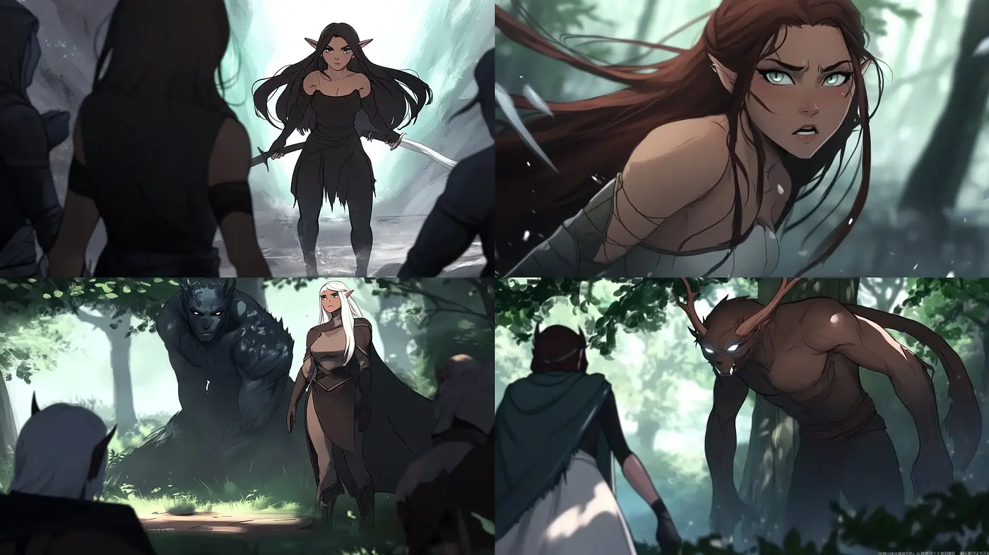 Enigmatic Forest Encounter: A Blend of Dramatic Lighting and Dynamic Action - Midjourney sref style