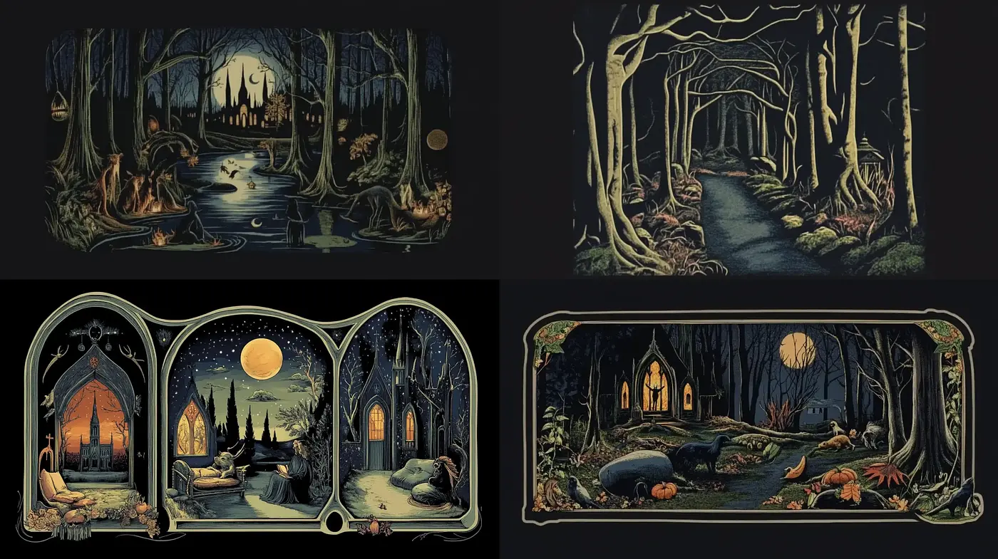 Enigmatic Twilight in Enchanted Forests: A Fusion of Art Nouveau and Storybook Illustration - Midjourney sref style