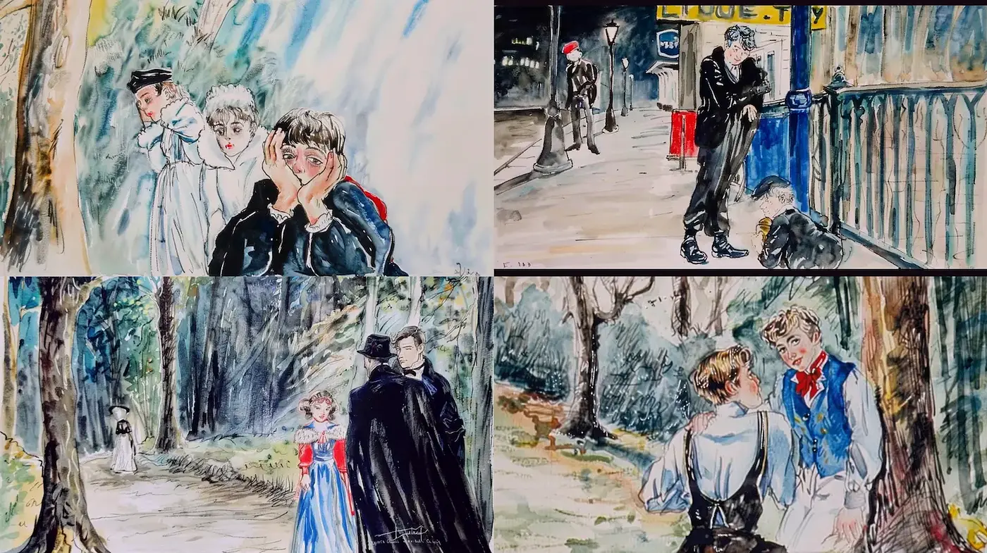 Whimsical narrative scenes with a watercolor aesthetic - Midjourney sref style