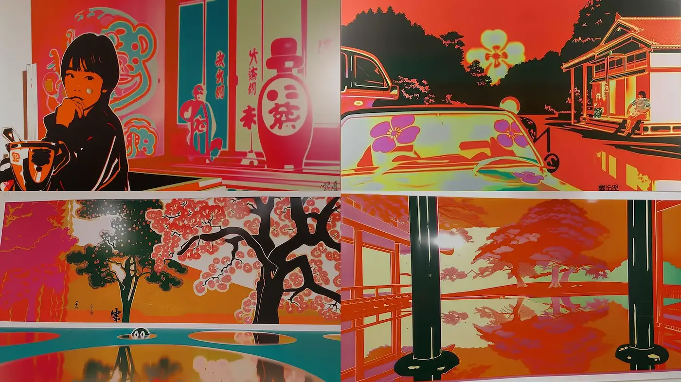 Vibrant and Stylized Scenes with Bold Colors and Graphic Design Elements - Midjourney sref style