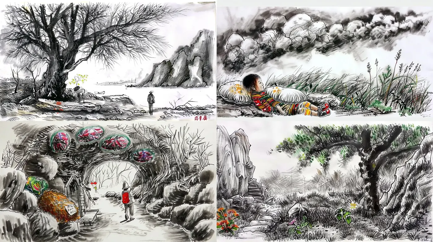 Monochromatic Whispers of Eastern Ink Wash Landscapes - Midjourney sref style