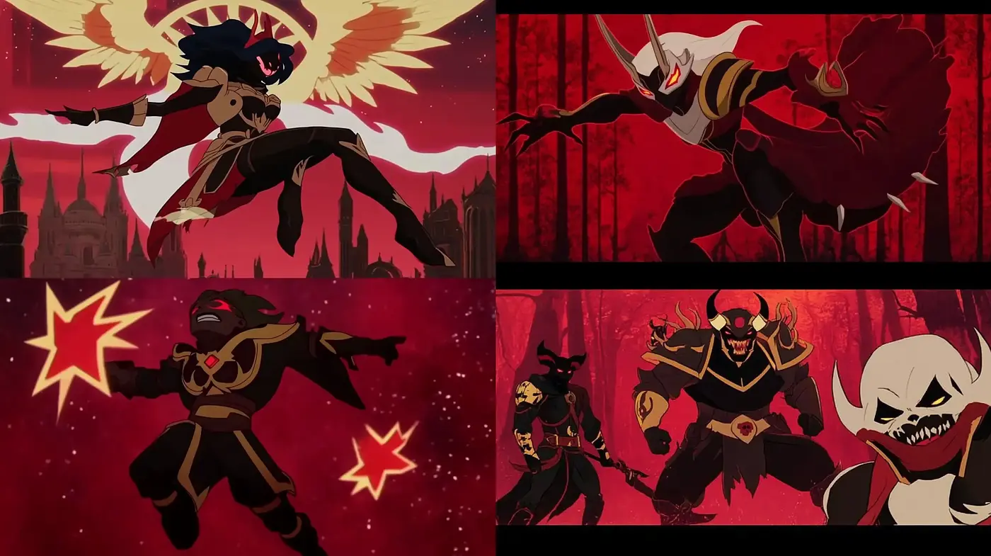 Crimson Shadows: An Ode to Dark Fantasy and Animated Vigor - Midjourney sref style