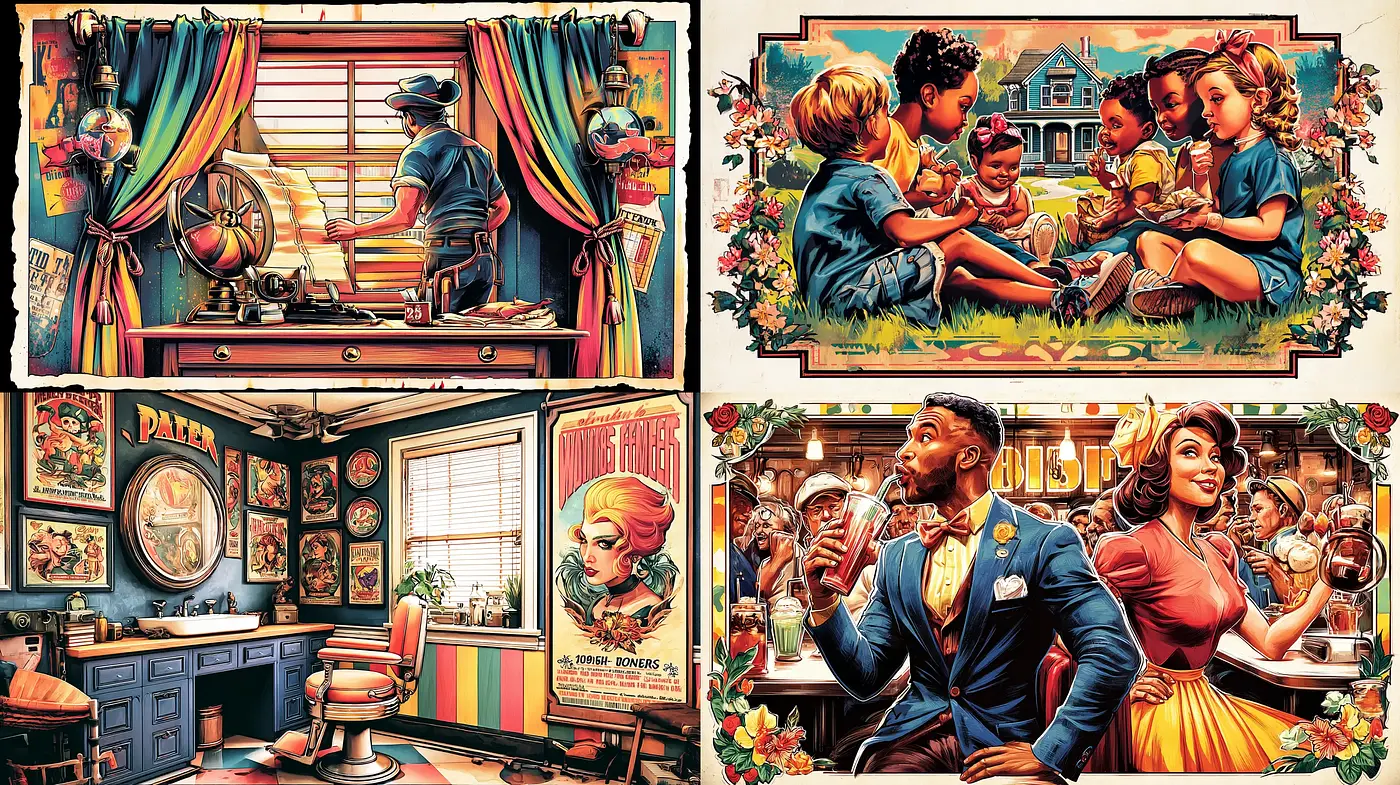 Brightly Colored Retro Nostalgia with Whimsical Characters and Rich Textures - Midjourney sref style
