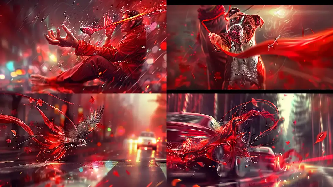 Dynamic and Vivid Expressions in a Red-Dominant Realm - Midjourney sref style