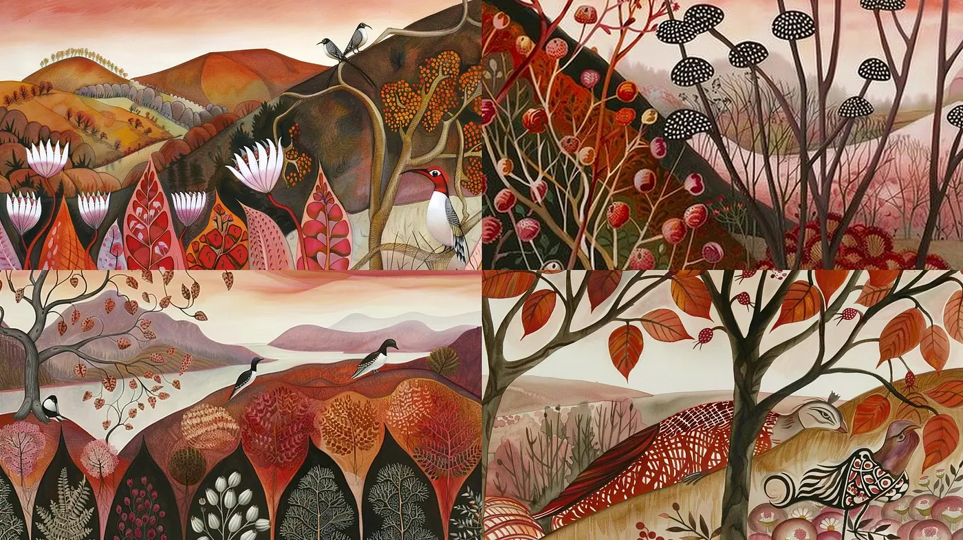 Earthen Tones of Mythical Landscapes: A Whimsical Fusion of Wildlife and Foliage - Midjourney sref style