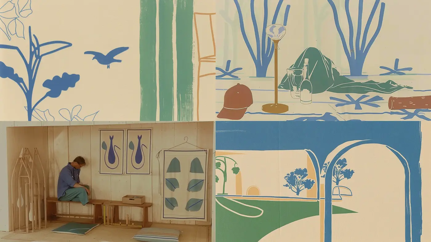 Serene Illustrative Harmony: A Study in Muted Pastels and Simplified Forms - Midjourney sref style