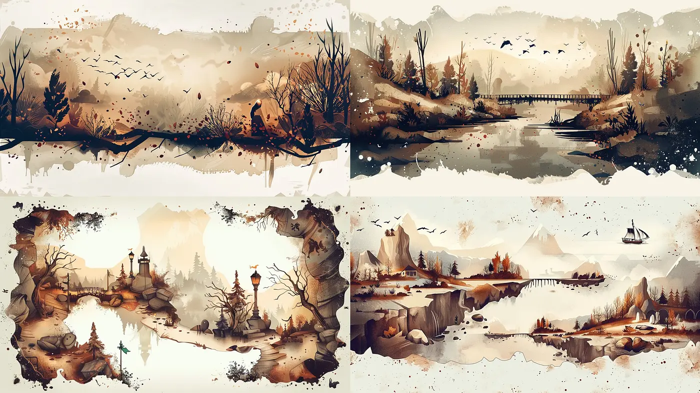 Tranquil Watercolor Wastelands: An Ode to Sepia-Toned Solitude - Midjourney sref style